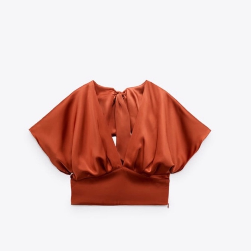 Zara Rust Red Satin Plunge Neck Tie Open Back Blouse/Top